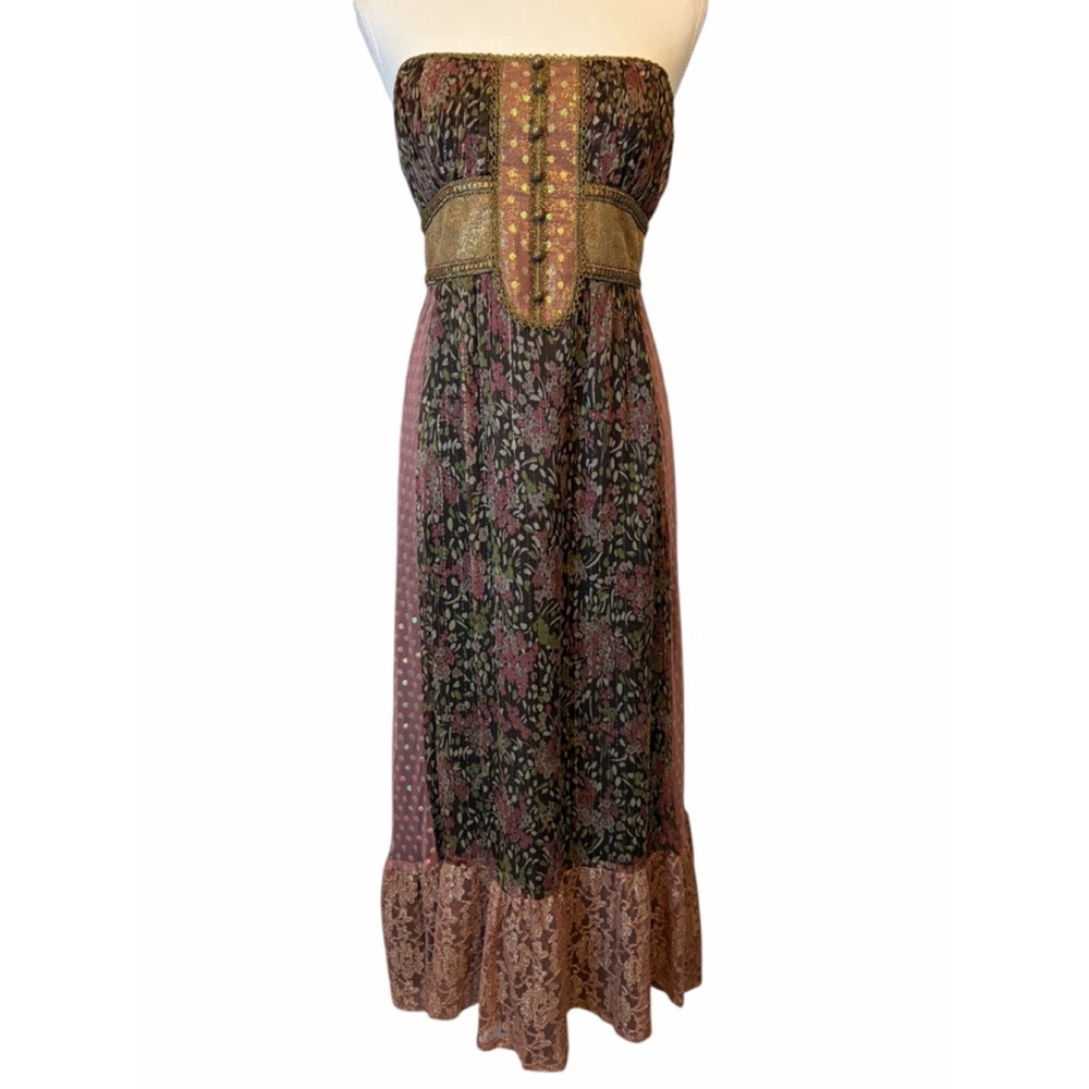 Nanette Lepore Fairy Boho Silk Strapless Floral Maxi Dress Lace Hem Corset Sz 4 - Picture 2 of 8